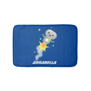 Cute robot flying in space cartoon illustration bath mat