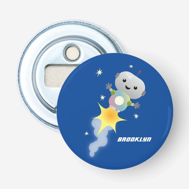 Cute robot flying in space cartoon illustration bottle opener (Front)