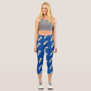 Cute robot flying in space cartoon illustration capri leggings