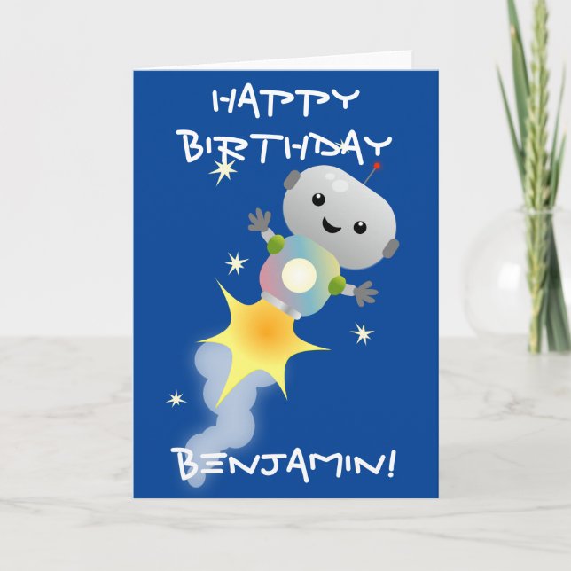 Cute robot flying in space cartoon illustration card (Front)