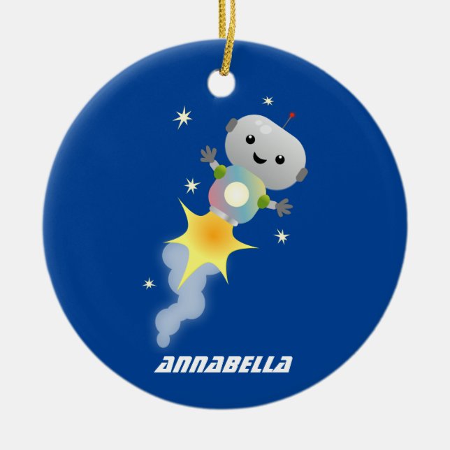 Cute robot flying in space cartoon illustration ceramic ornament (Front)