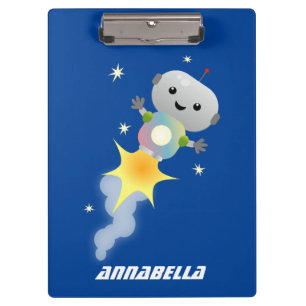 Cute robot flying in space cartoon illustration clipboard