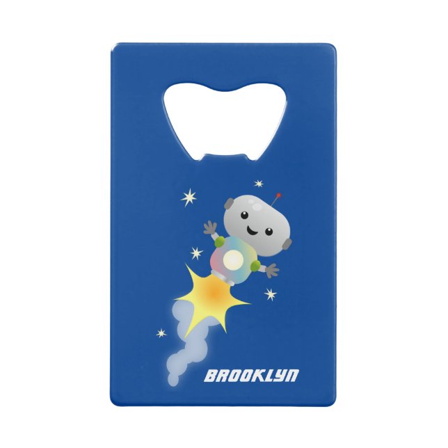 Cute robot flying in space cartoon illustration credit card bottle opener (Front)
