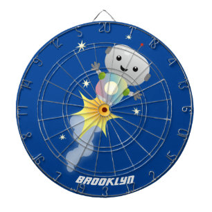 Cute robot flying in space cartoon illustration dartboard