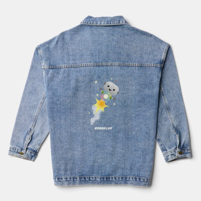Cute robot flying in space cartoon illustration denim jacket (Back)