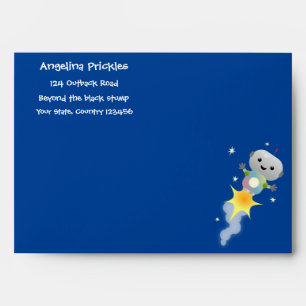 Cute robot flying in space cartoon illustration envelope
