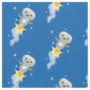 Cute robot flying in space cartoon illustration fabric