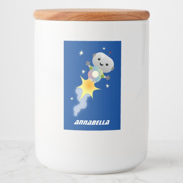 Cute robot flying in space cartoon illustration food label (Front)
