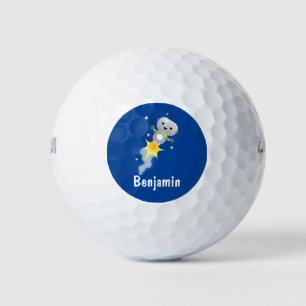 Cute robot flying in space cartoon illustration golf balls