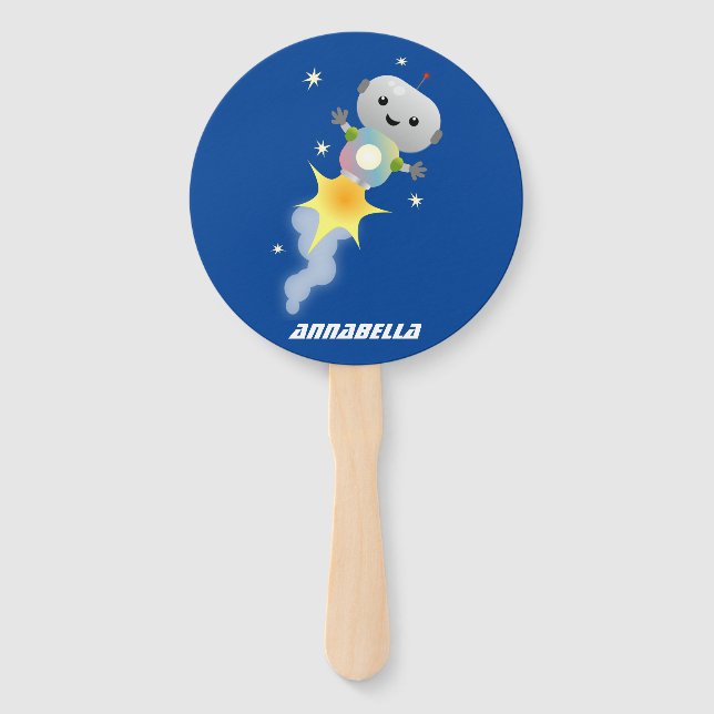 Cute robot flying in space cartoon illustration hand fan (Front)