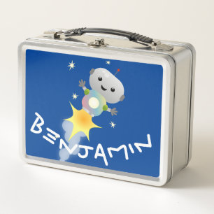 Cute robot flying in space cartoon illustration metal lunch box