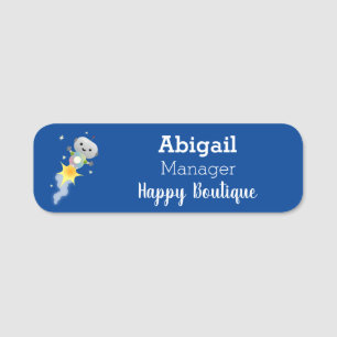 Cute robot flying in space cartoon illustration  name tag