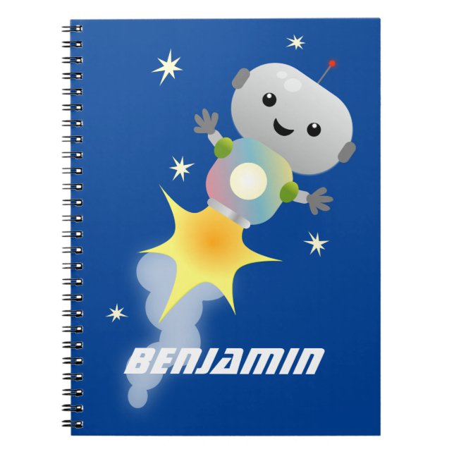 Cute robot flying in space cartoon illustration notebook (Front)
