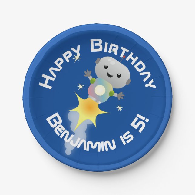 Cute robot flying in space cartoon illustration paper plate (Front)