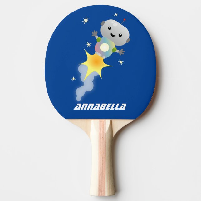 Cute robot flying in space cartoon illustration ping pong paddle (Front)