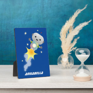 Cute robot flying in space cartoon illustration plaque
