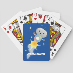 Cute robot flying in space cartoon illustration playing cards