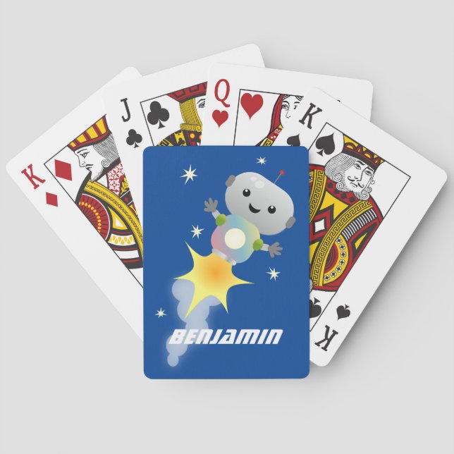Cute robot flying in space cartoon illustration playing cards (Back)