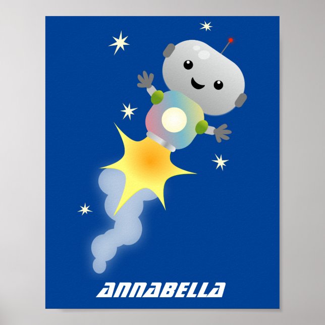 Cute robot flying in space cartoon illustration poster (Front)