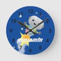 Cute robot flying in space cartoon illustration