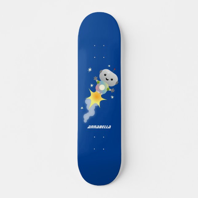 Cute robot flying in space cartoon illustration skateboard (Front)