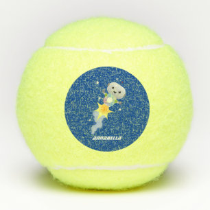 Cute robot flying in space cartoon illustration tennis balls