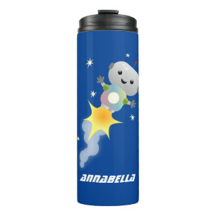 Cute robot flying in space cartoon illustration thermal tumbler