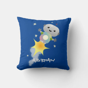 Cute robot flying in space cartoon illustration throw pillow