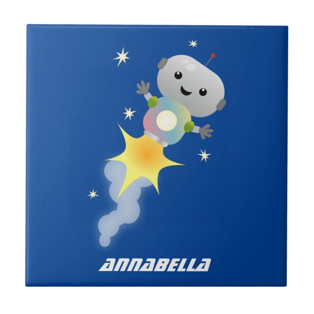 Cute robot flying in space cartoon illustration tile (Front)
