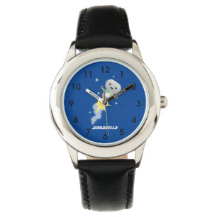 Cute robot flying in space cartoon illustration watch
