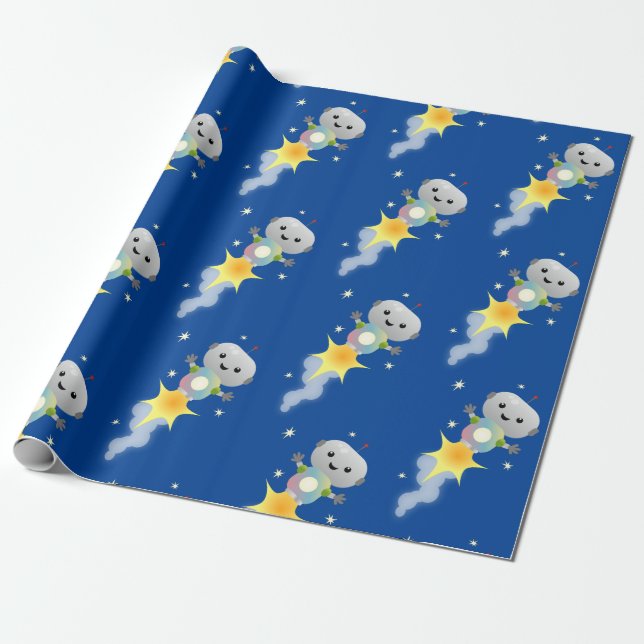 Cute robot flying in space cartoon illustration wrapping paper (Unrolled)