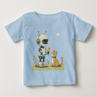 Cute Robot Gives Flower to Cat Wholesome Kids Art Baby T-Shirt