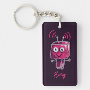 Cute Robot Grunge Pink Name Keychain