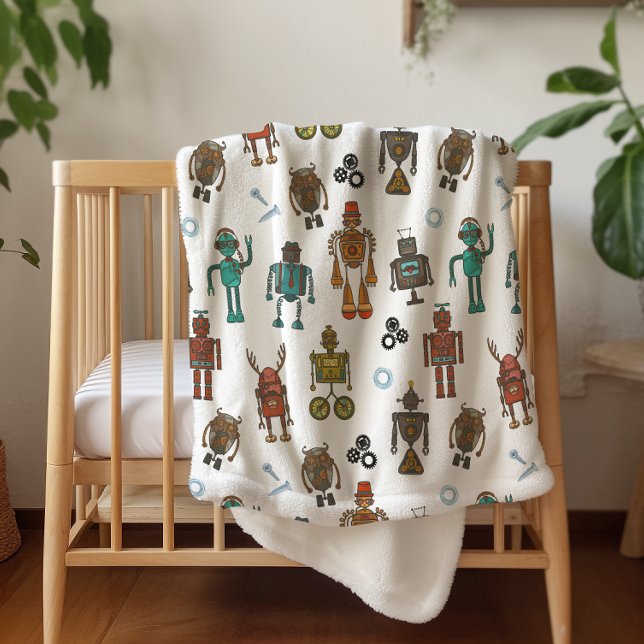 Cute Robot Pattern Kids Sherpa Blanket (Creator Uploaded)