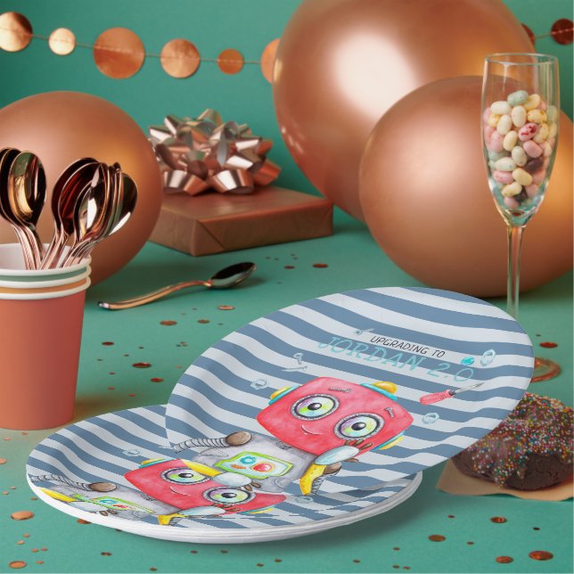 Cute Robot | Personalized Birthday Party Paper Plate (Multi)