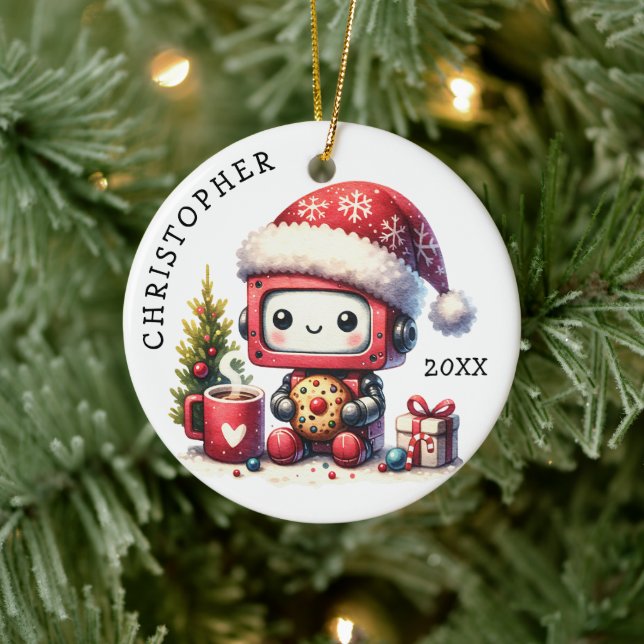 Cute Robot Personalized Christmas Ceramic Ornament (Tree)