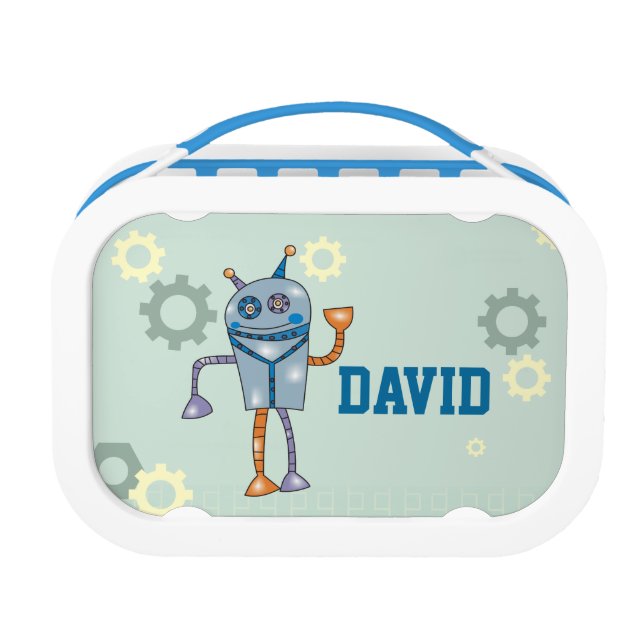 Cute Robot Personalized Name Boys Lunch Box (Front)