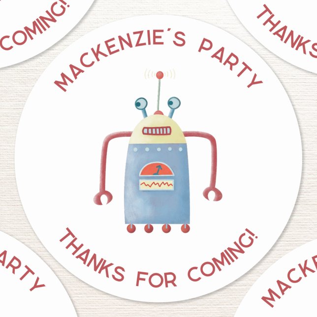 Cute Robot Personalized Thank You Classic Round St Sticker (Robot custom text personalized kids birthday party thank you sticker)