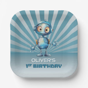 Cute Robot Theme 1st Birthday Party Paper Plate