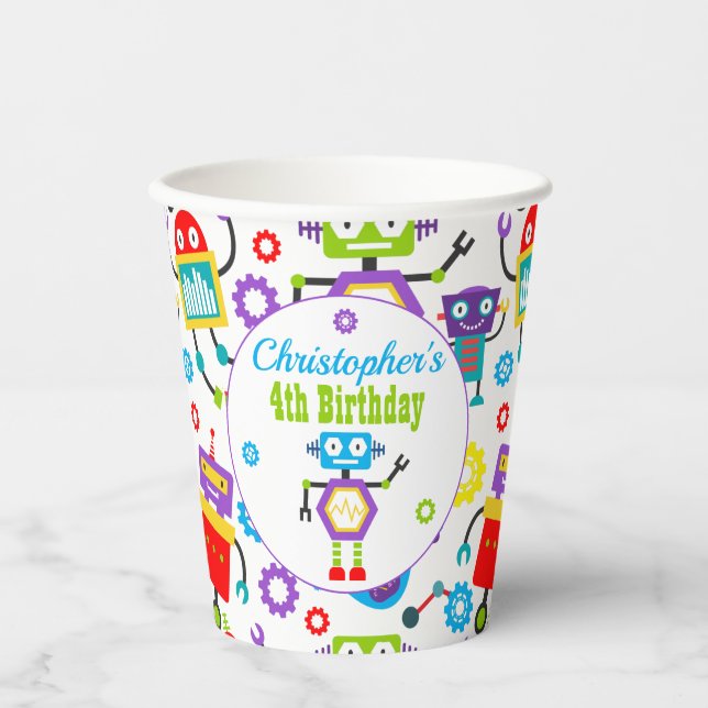 Cute Robot Theme Birthday Party Paper Cups (Front)