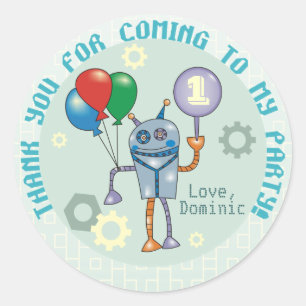 Cute Robot with Balloons First Birthday Stickers