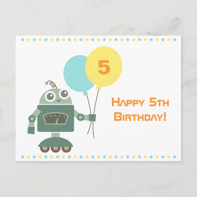 Cute Robot with Balloons, Kids Happy Birthday Postcard (Front)