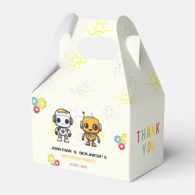Cute Robots Boys Together Joint Birthday  Favor Box (Back Side)