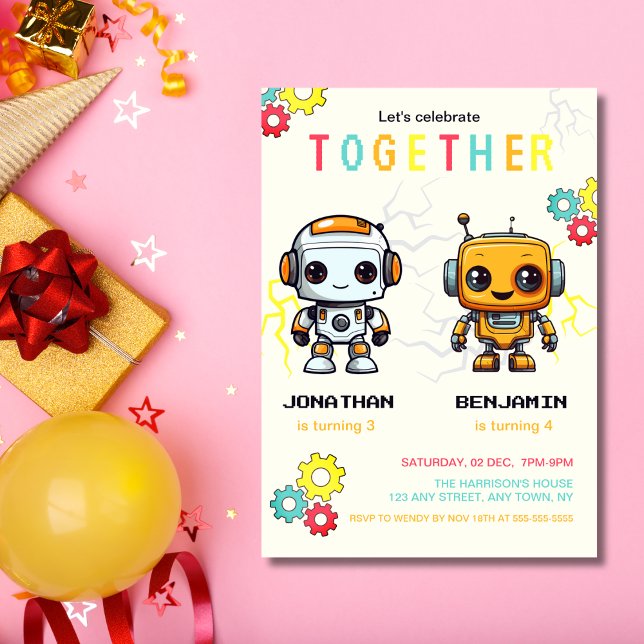 Cute Robots Boys Together Joint Birthday  Invitation (Creator Uploaded)