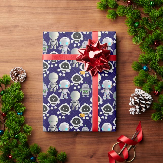 Cute Robots Pattern. CUTERB01.DBlue BG Wrapping Paper (Holiday Gift)