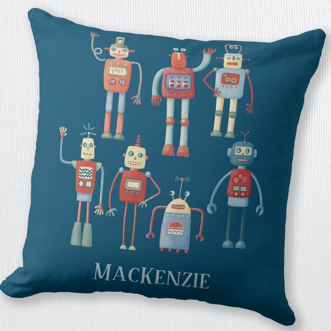 Cute Robots Personalized Throw Pillow (Fun personalized retro robot throw pillow)