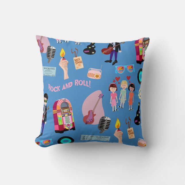 Cute Rock and Roll Oldies Cartoon Cute Pattern Throw Pillow (Front)