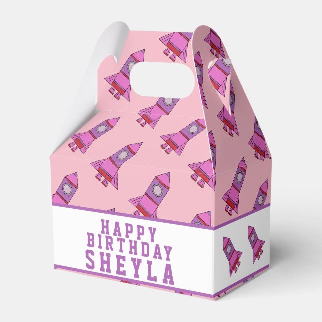 Cute Rocket Pink Girl Birthday Favor Box (Front Side)