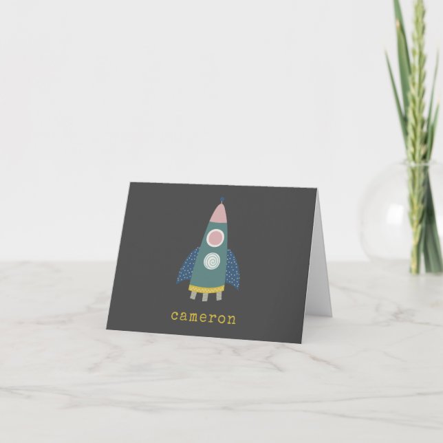 Cute Rocket Ship Cool Space Art Personalized Note Card (Front)