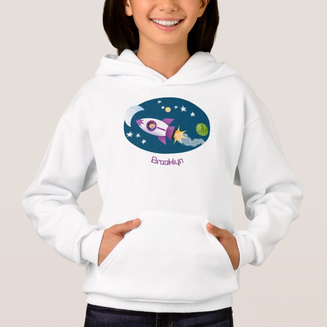 Cute rocket ship in space cartoon illustration (Front)